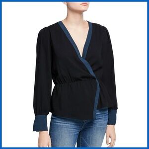BCBGMaxAzria Faux Wrap Black Blue Trim Long Sleeve Top
